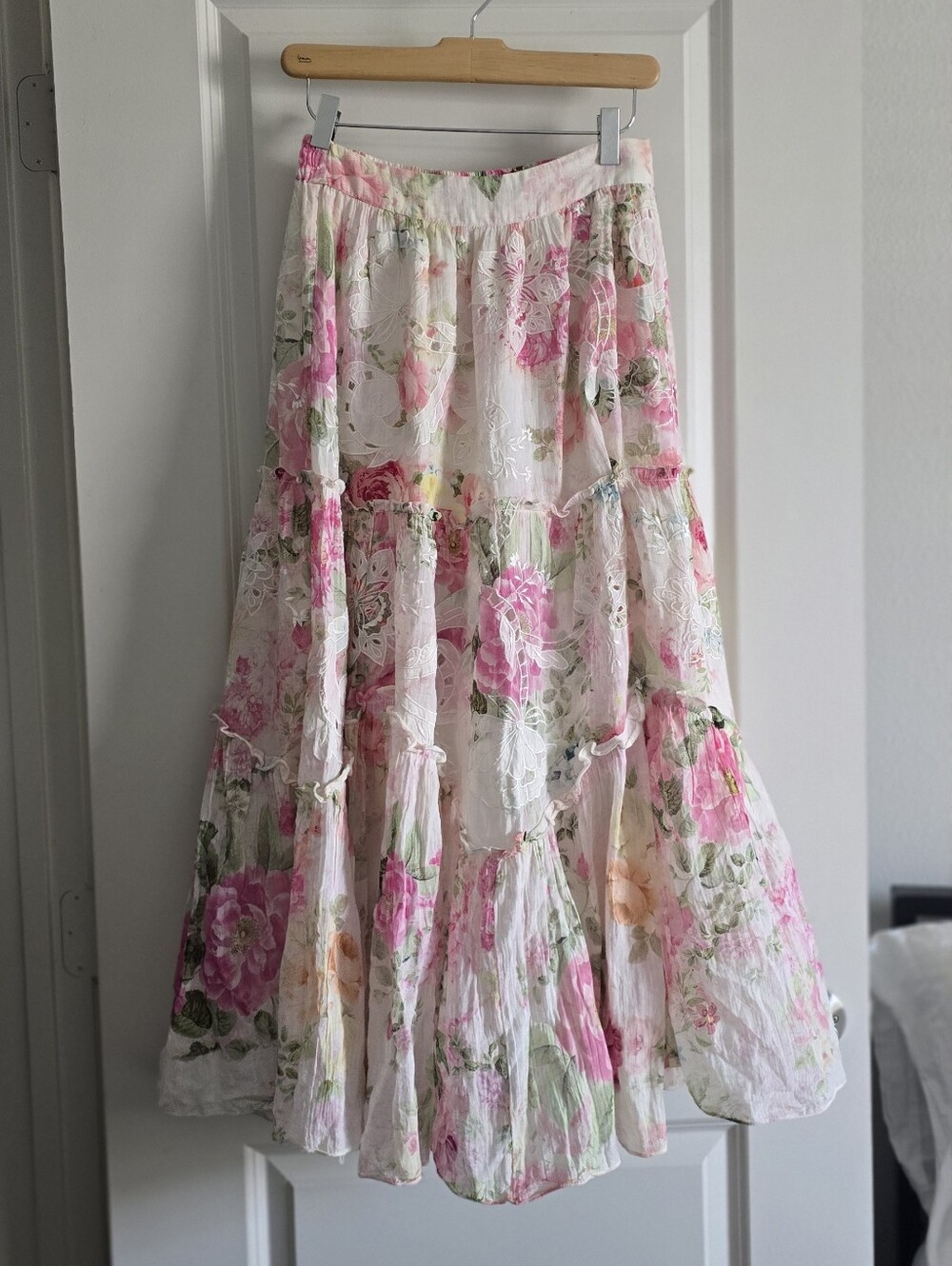 Hemant and Nandita White Midi Skirt with Pink Floral Print